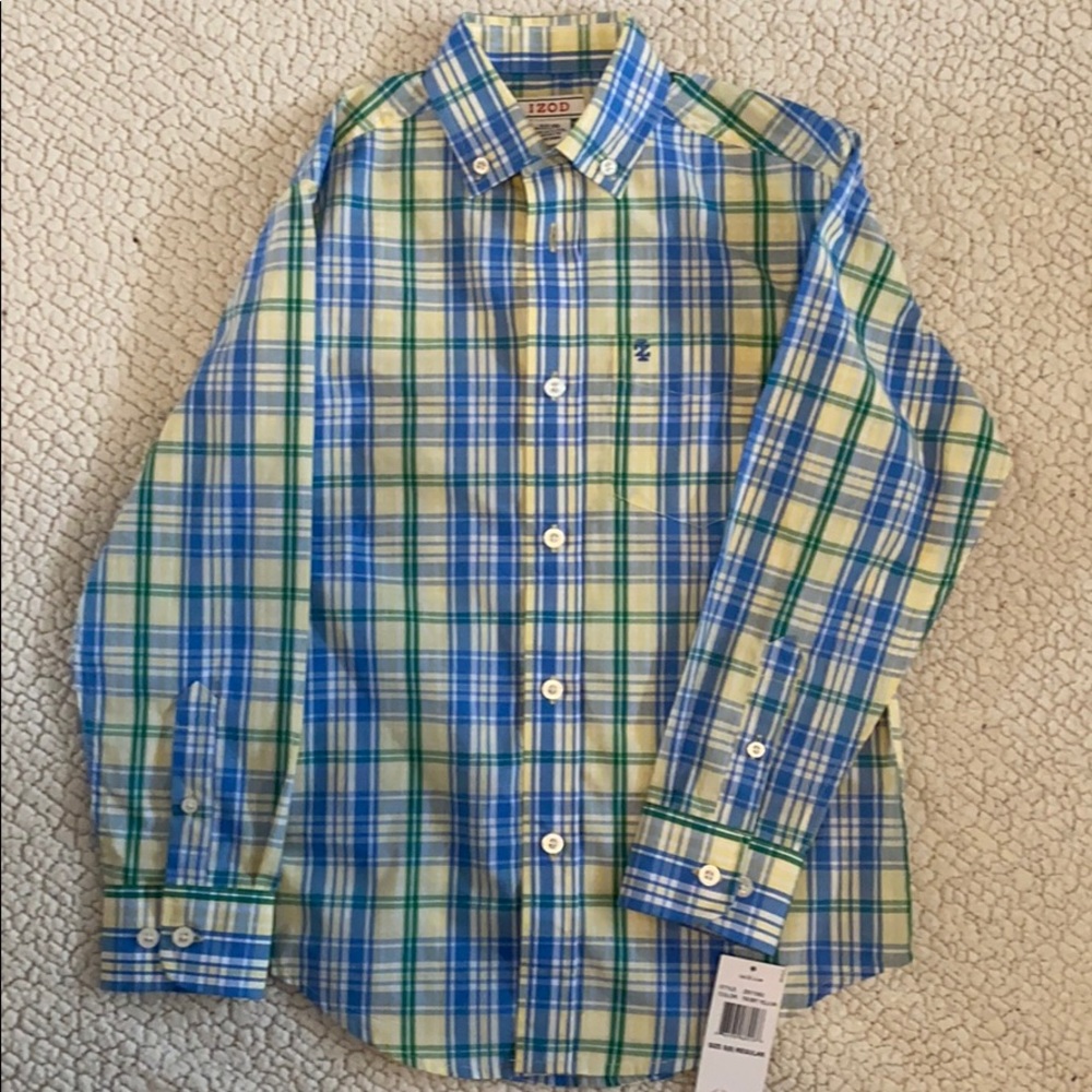 Long sleeve button up, collared plaid Izod shirt